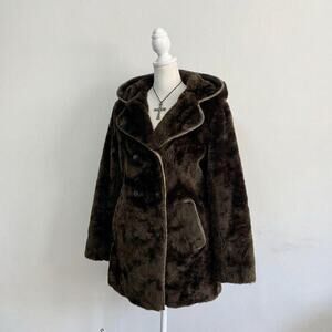 Massive Faux Fur Pea Coat Brown Mob Wife Indie Sleaze Grunge Vintage